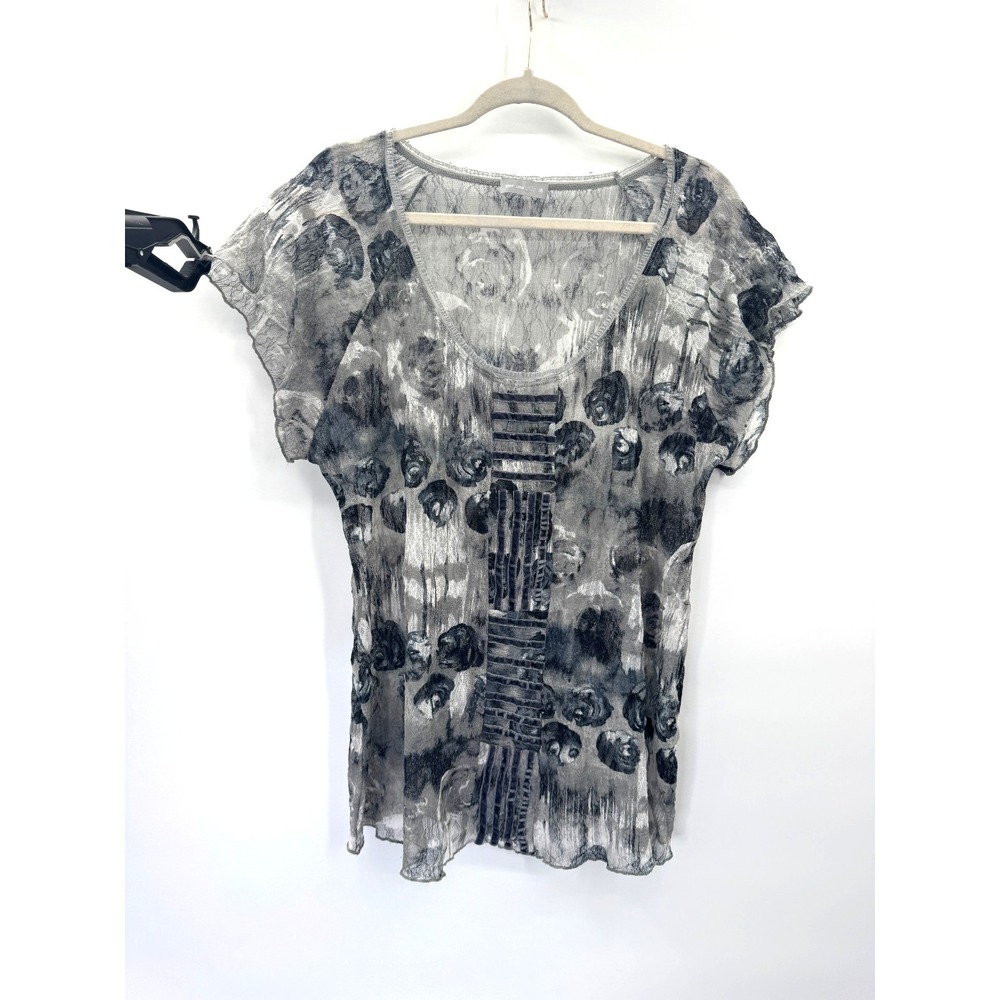 Per Una Gray Velvet Gauze Mesh Top 18 Italy Scoop Neck Stretch Mixed Media Boho - Picture 4 of 13